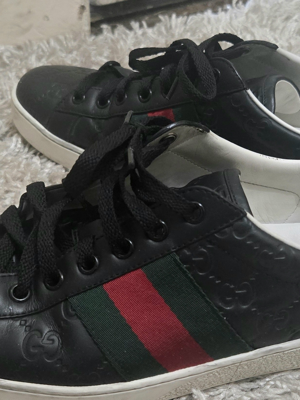 Gucci Black Leather Sneakers with Red & Green Web Stripe